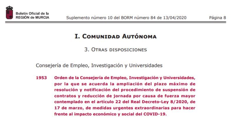 Murcia amplía a 10 días el plazo para resolver los ERTE